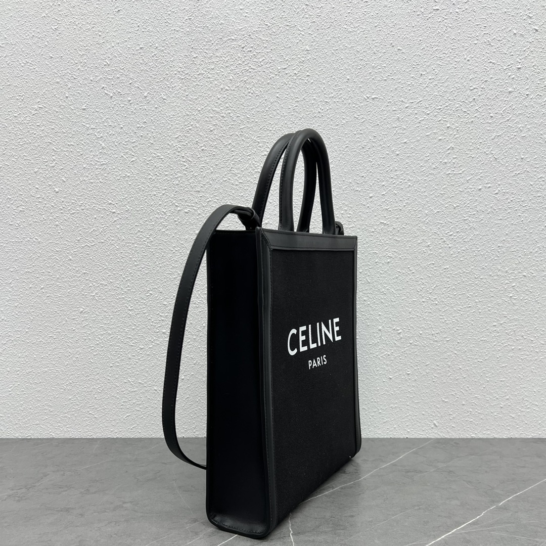 Celine Small Vertical Cabas In Textile With Celine Print And Calfskin Black 192082